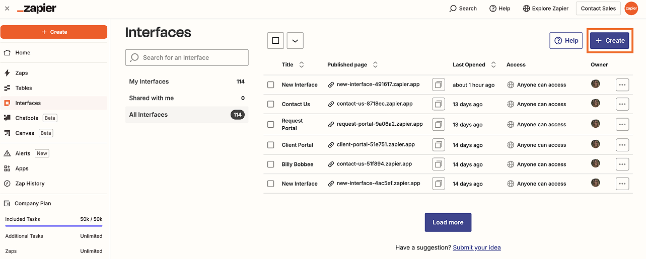 Zapier Interfaces page listing published pages